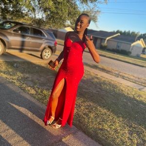 Red long prom dress with a split